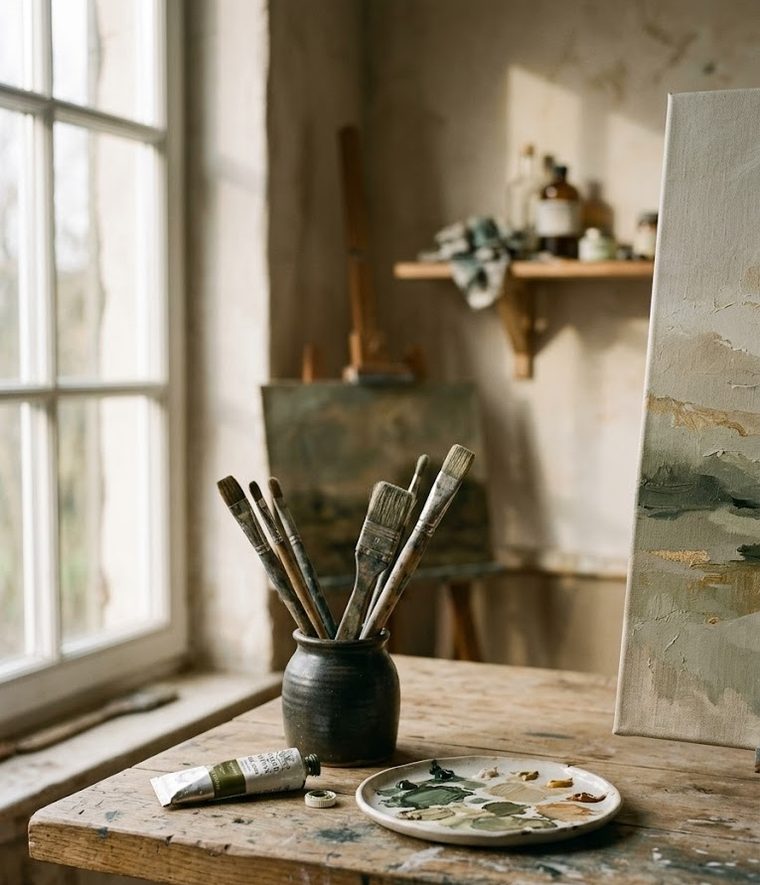 Atelier d'artiste : pinceaux, palette et toile près d'une fenêtre